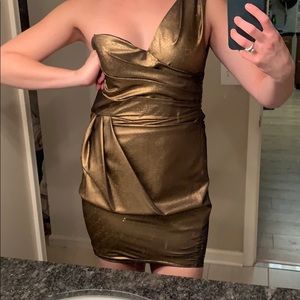 Robert Rodriguez gold one shoulder party dress
